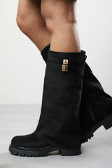 Faline Black Suede Fold-Over Knee-High Boots with Platform Sole