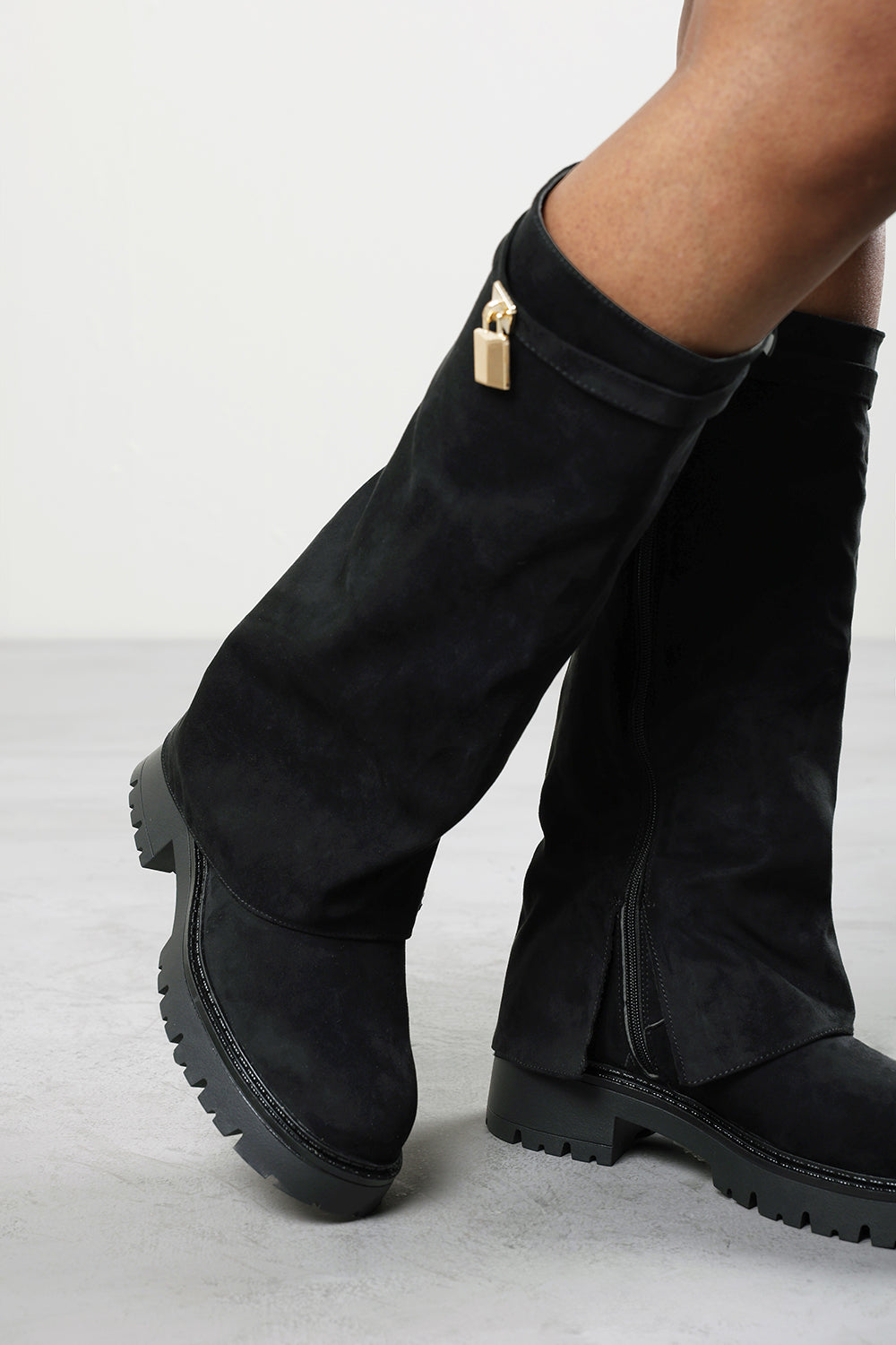 Faline Black Suede Fold-Over Knee-High Boots with Platform Sole