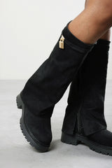 Faline Black Suede Fold-Over Knee-High Boots with Platform Sole