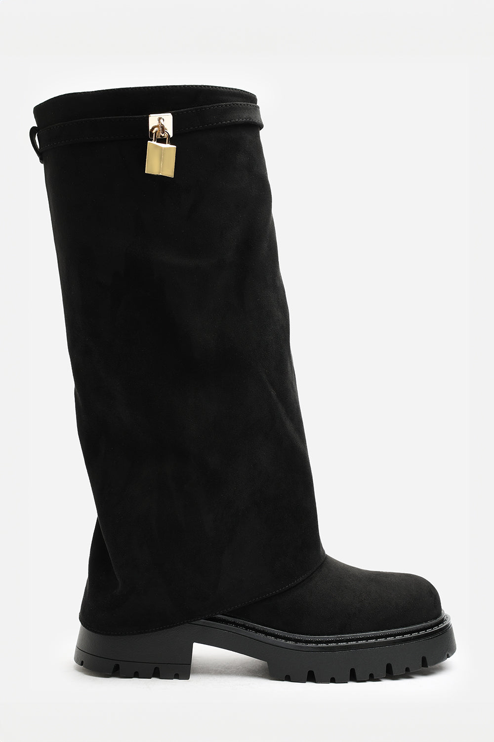 Faline Black Suede Fold-Over Knee-High Boots with Platform Sole
