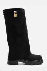 Brescia Fold Over Knee High Chunky Sole Black Suede Boots