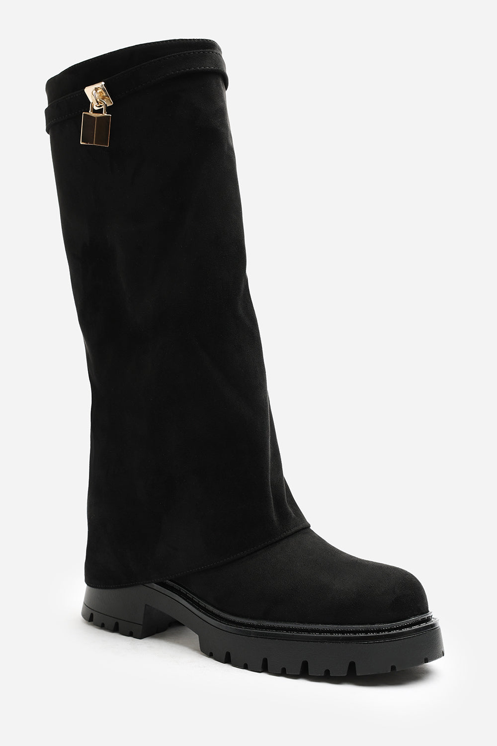 Brescia Fold Over Knee High Chunky Sole Black Suede Boots