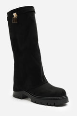 Brescia Fold Over Knee High Chunky Sole Black Suede Boots