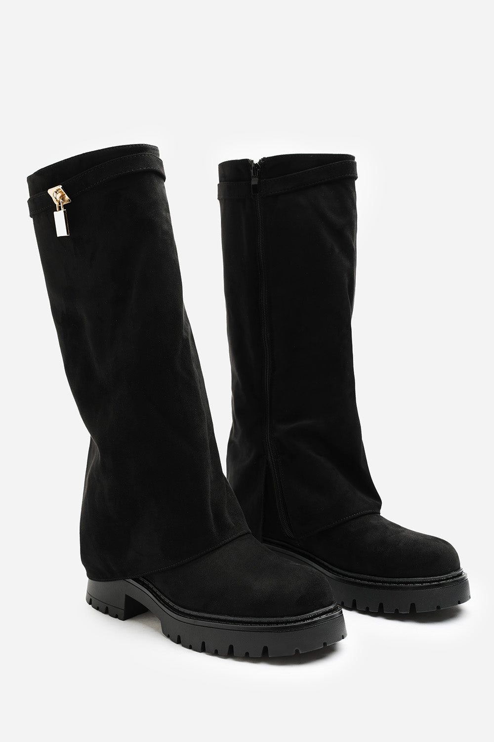 Faline Black Suede Fold-Over Knee-High Boots with Platform Sole