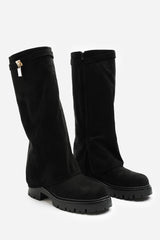Faline Black Suede Fold-Over Knee-High Boots with Platform Sole
