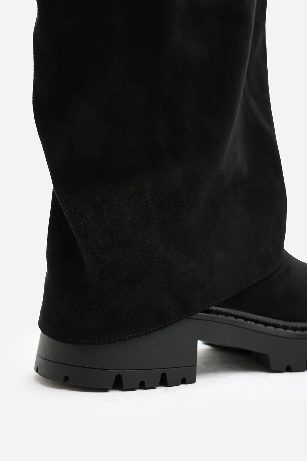 Brescia Fold Over Knee High Chunky Sole Black Suede Boots