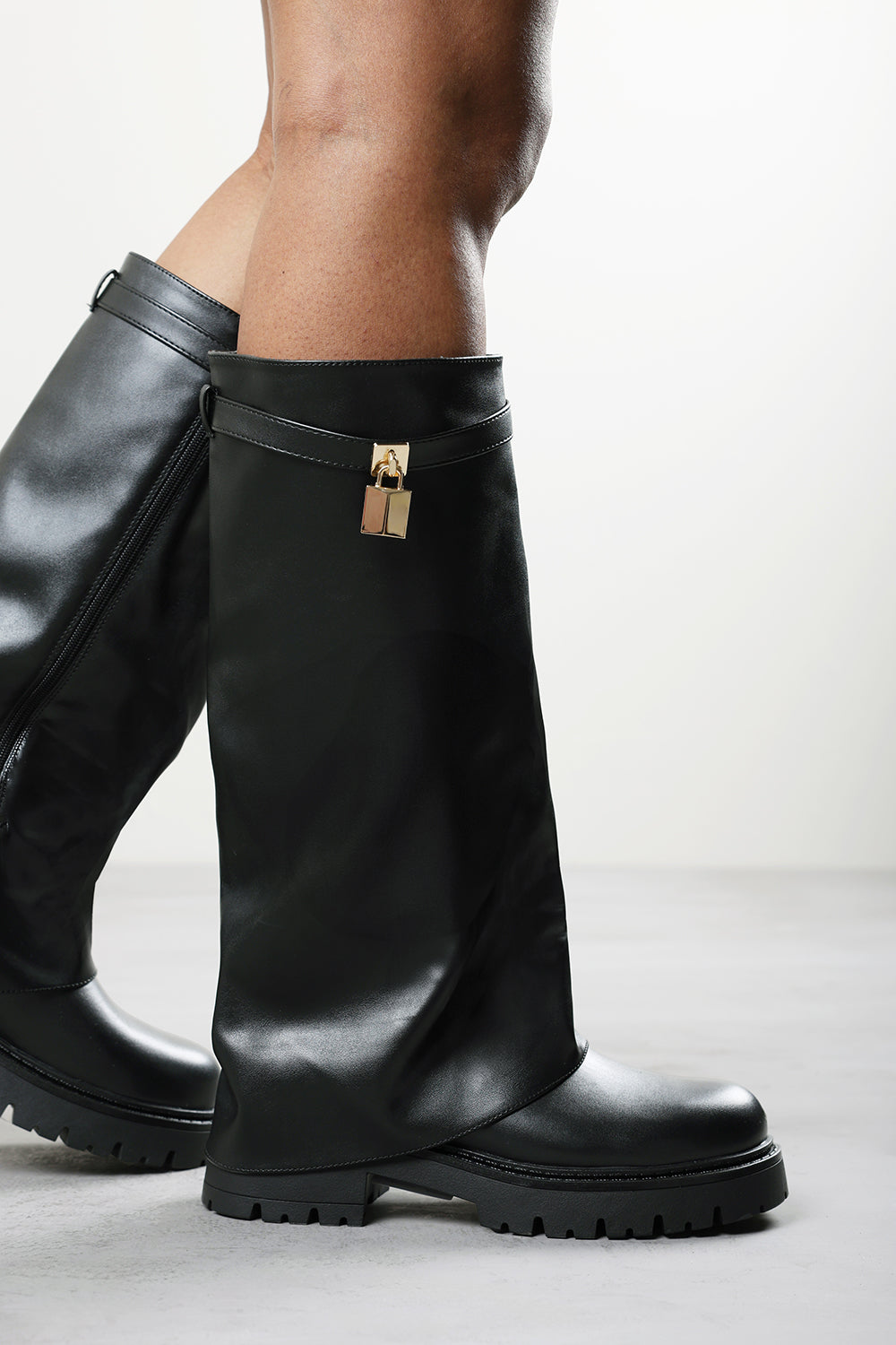 Faline Black Fold-Over Knee-High Boots with Platform Sole