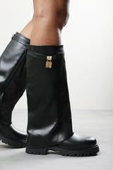 Faline Black Fold-Over Knee-High Boots with Platform Sole