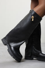 Faline Black Suede Fold-Over Knee-High Boots with Platform Sole