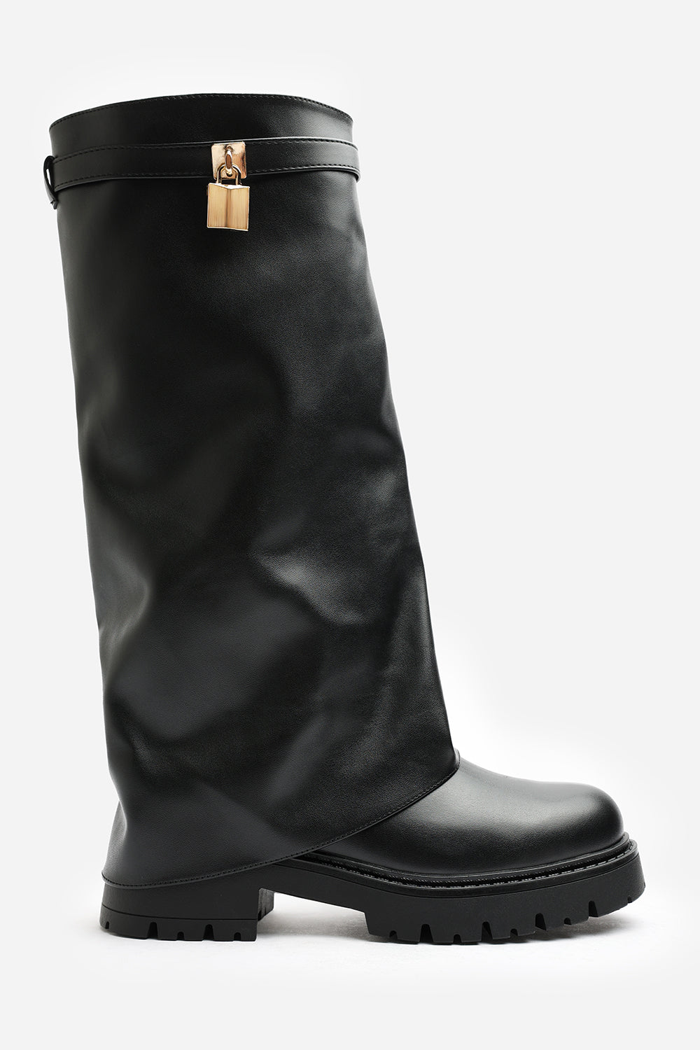 Faline Black Fold-Over Knee-High Boots with Platform Sole