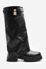 Faline Black Fold-Over Knee-High Boots with Platform Sole
