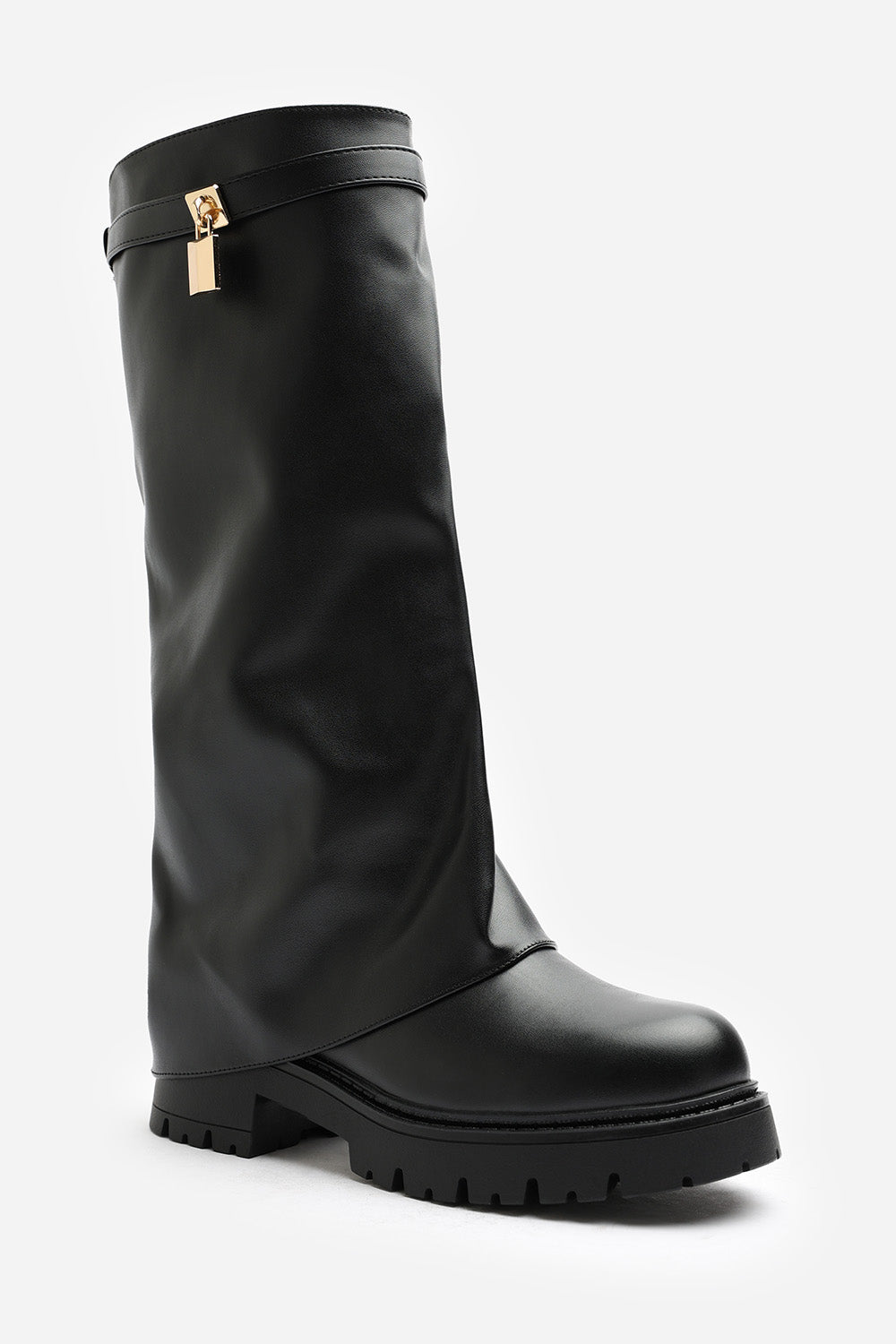 Brescia Fold Over Knee High Chunky Sole Black Faux Leather Boots
