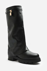 Brescia Fold Over Knee High Chunky Sole Black Faux Leather Boots