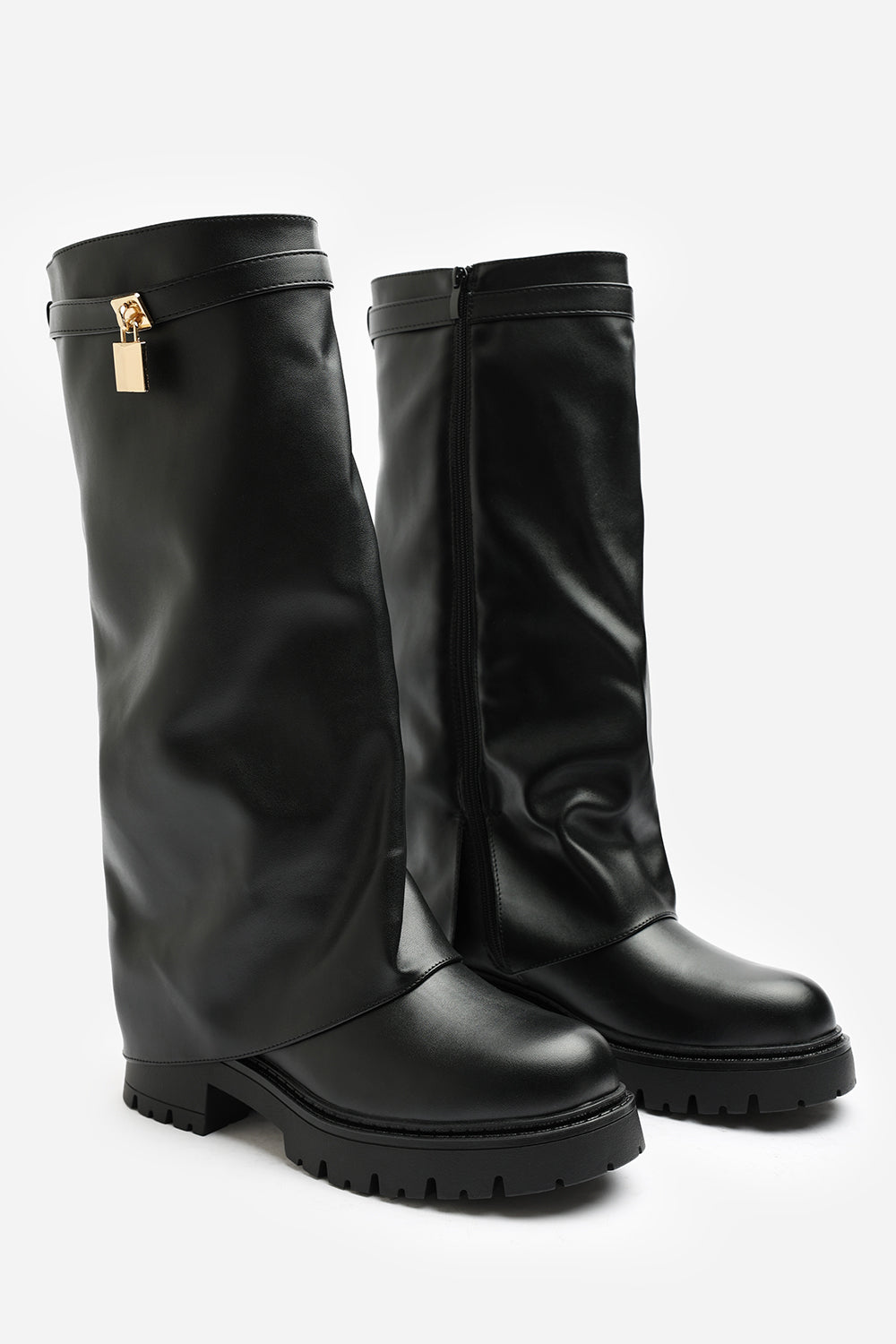 Brescia Fold Over Knee High Chunky Sole Black Faux Leather Boots
