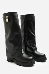 Brescia Fold Over Knee High Chunky Sole Black Faux Leather Boots