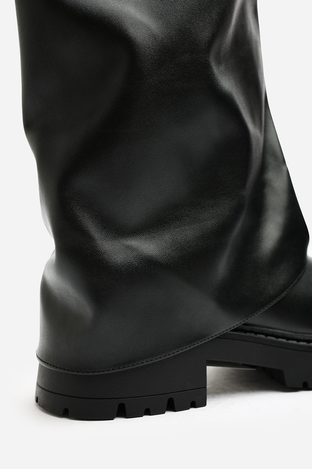 Brescia Fold Over Knee High Chunky Sole Black Faux Leather Boots