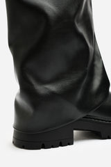 Brescia Fold Over Knee High Chunky Sole Black Faux Leather Boots