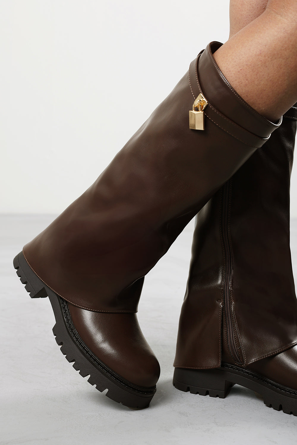 Faline Brown Fold-Over Knee-High Boots with Platform Sole
