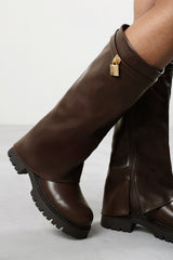 Faline Brown Fold-Over Knee-High Boots with Platform Sole