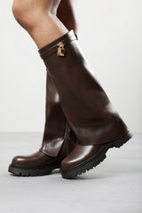 Faline Brown Fold-Over Knee-High Boots with Platform Sole