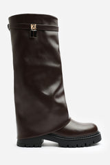 Brescia Fold Over Knee High Chunky Sole Brown Faux Leather Boots