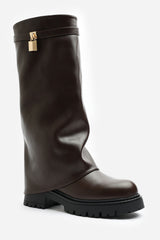 Brescia Fold Over Knee High Chunky Sole Brown Faux Leather Boots