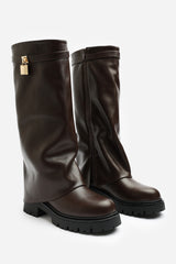 Brescia Fold Over Knee High Chunky Sole Brown Faux Leather Boots