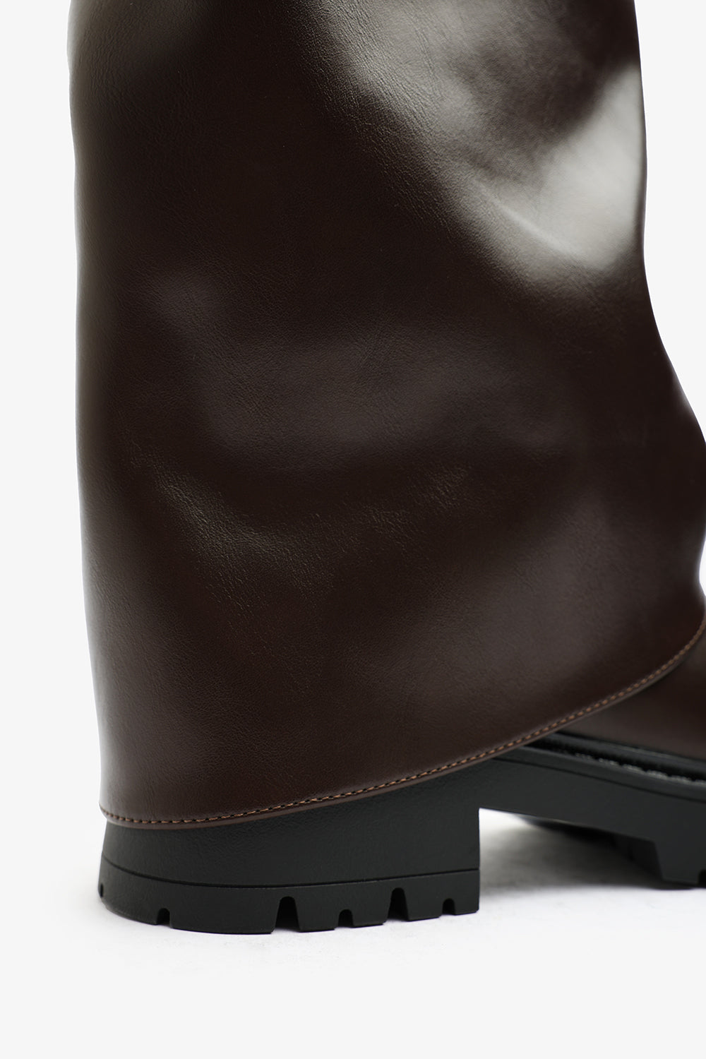 Brescia Fold Over Knee High Chunky Sole Brown Faux Leather Boots