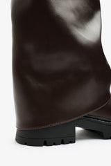 Brescia Fold Over Knee High Chunky Sole Brown Faux Leather Boots