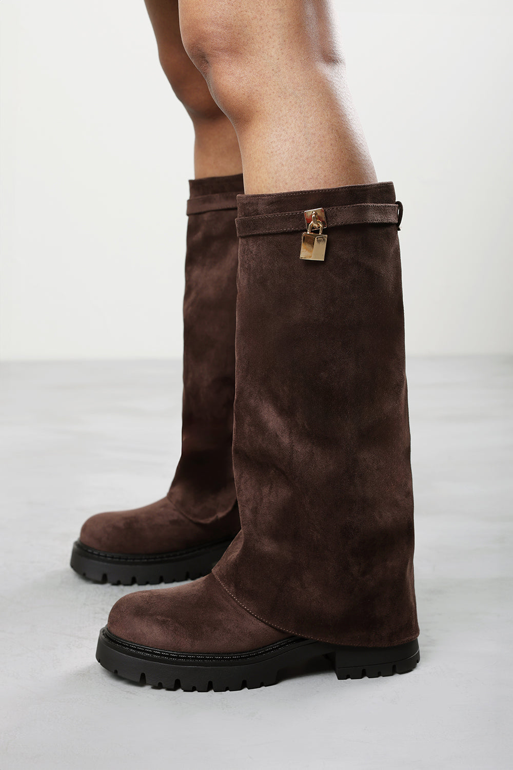 Faline Brown Suede Fold-Over Knee-High Boots with Platform Sole