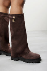 Faline Brown Suede Fold-Over Knee-High Boots with Platform Sole