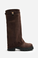 Faline Brown Suede Fold-Over Knee-High Boots with Platform Sole