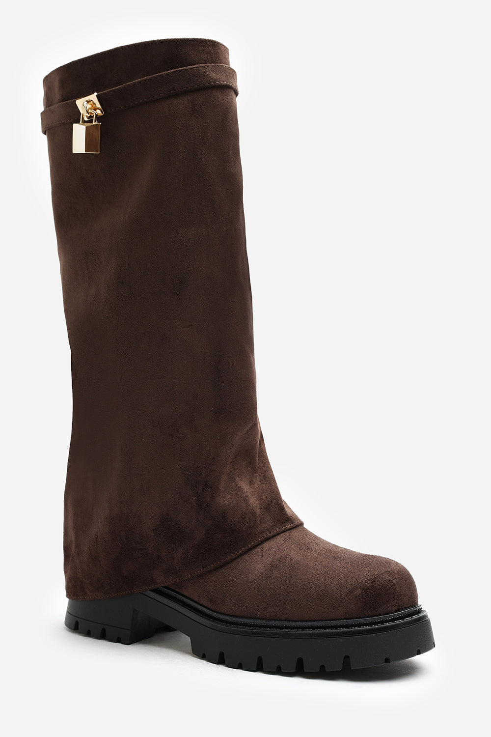 Faline Brown Suede Fold-Over Knee-High Boots with Platform Sole