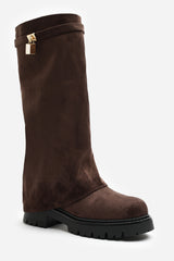 Faline Brown Suede Fold-Over Knee-High Boots with Platform Sole