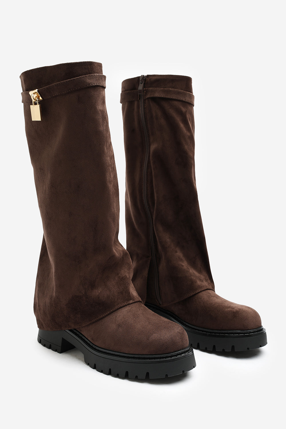 Brescia Fold Over Knee High Chunky Sole Brown Suede Boots