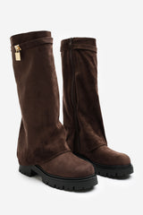 Brescia Fold Over Knee High Chunky Sole Brown Suede Boots