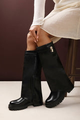 Brescia Fold Over Knee High Chunky Sole Black Faux Leather Boots