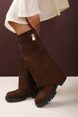 Brescia Fold Over Knee High Chunky Sole Brown Suede Boots