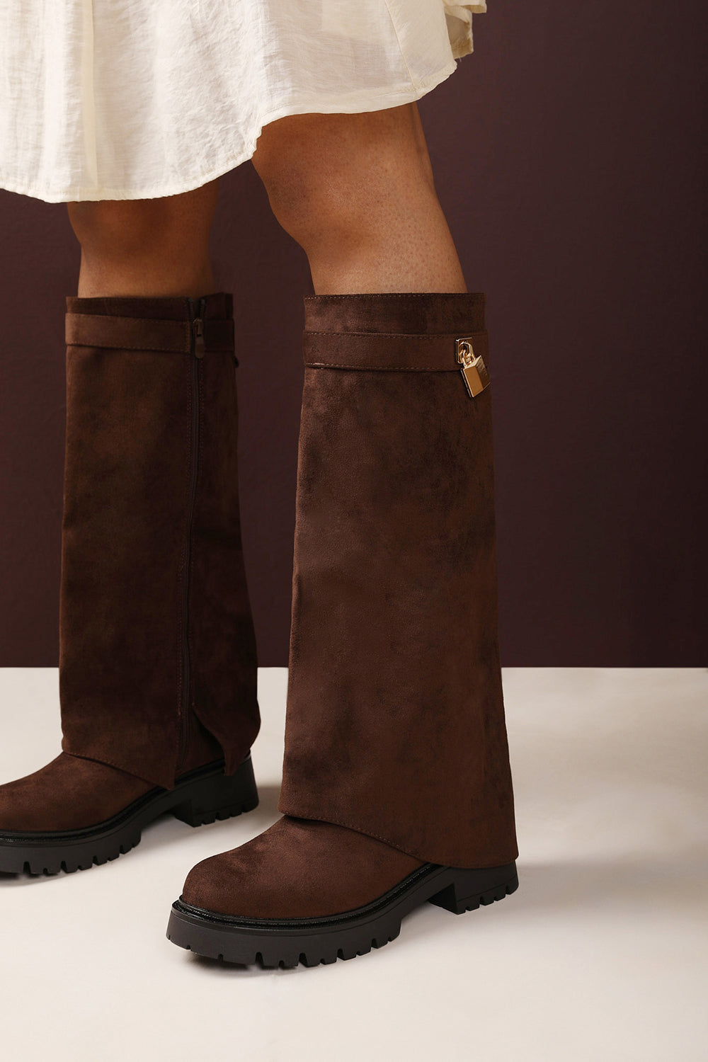 Brescia Fold Over Knee High Chunky Sole Brown Suede Boots