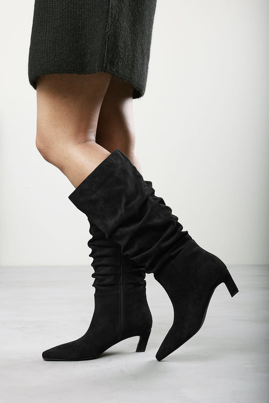 Kensley Ruched Slouch Knee High Snipped Toe Boot in Black Suede