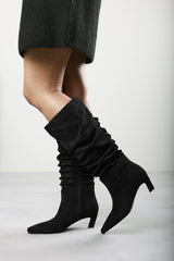 Kensley Ruched Slouch Knee High Snipped Toe Boot in Black Suede