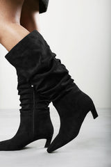 Kensley Ruched Slouch Knee High Snipped Toe Boot in Black Suede