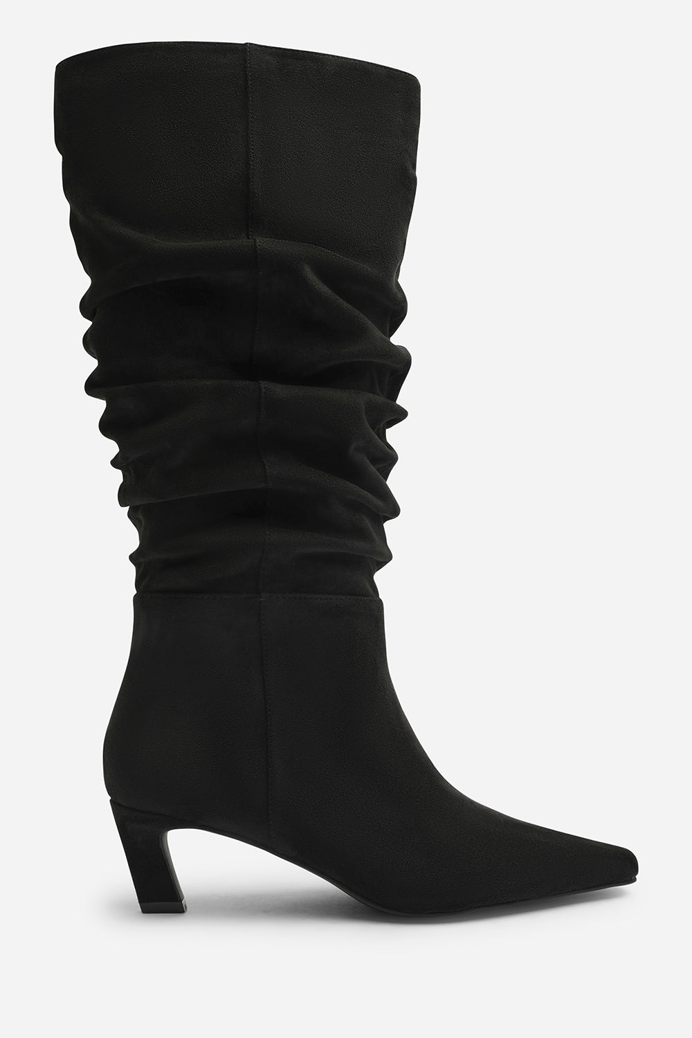 Kensley Ruched Slouch Knee High Snipped Toe Boot in Black Suede