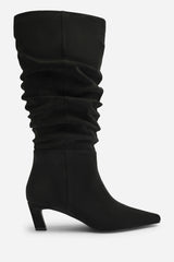 Kensley Ruched Slouch Knee High Snipped Toe Boot in Black Suede