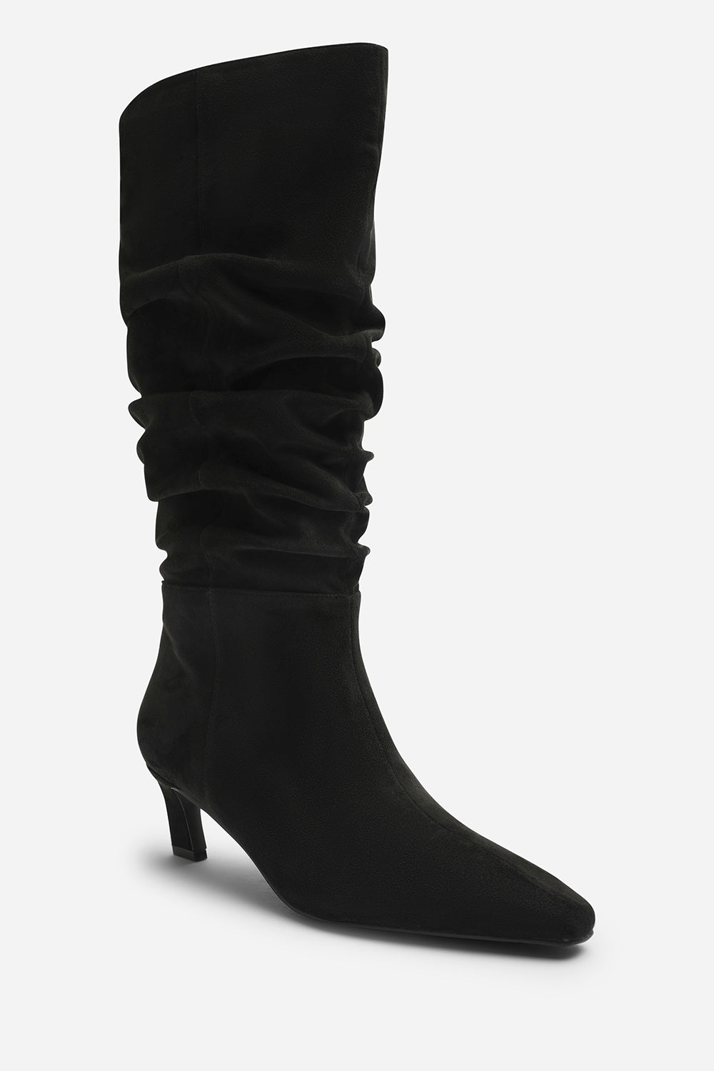Kensley Ruched Slouch Knee High Snipped Toe Boot in Black Suede
