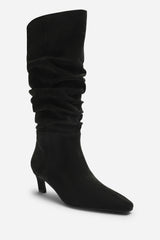 Kensley Ruched Slouch Knee High Snipped Toe Boot in Black Suede