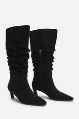 Kensley Ruched Slouch Knee High Snipped Toe Boot in Black Suede