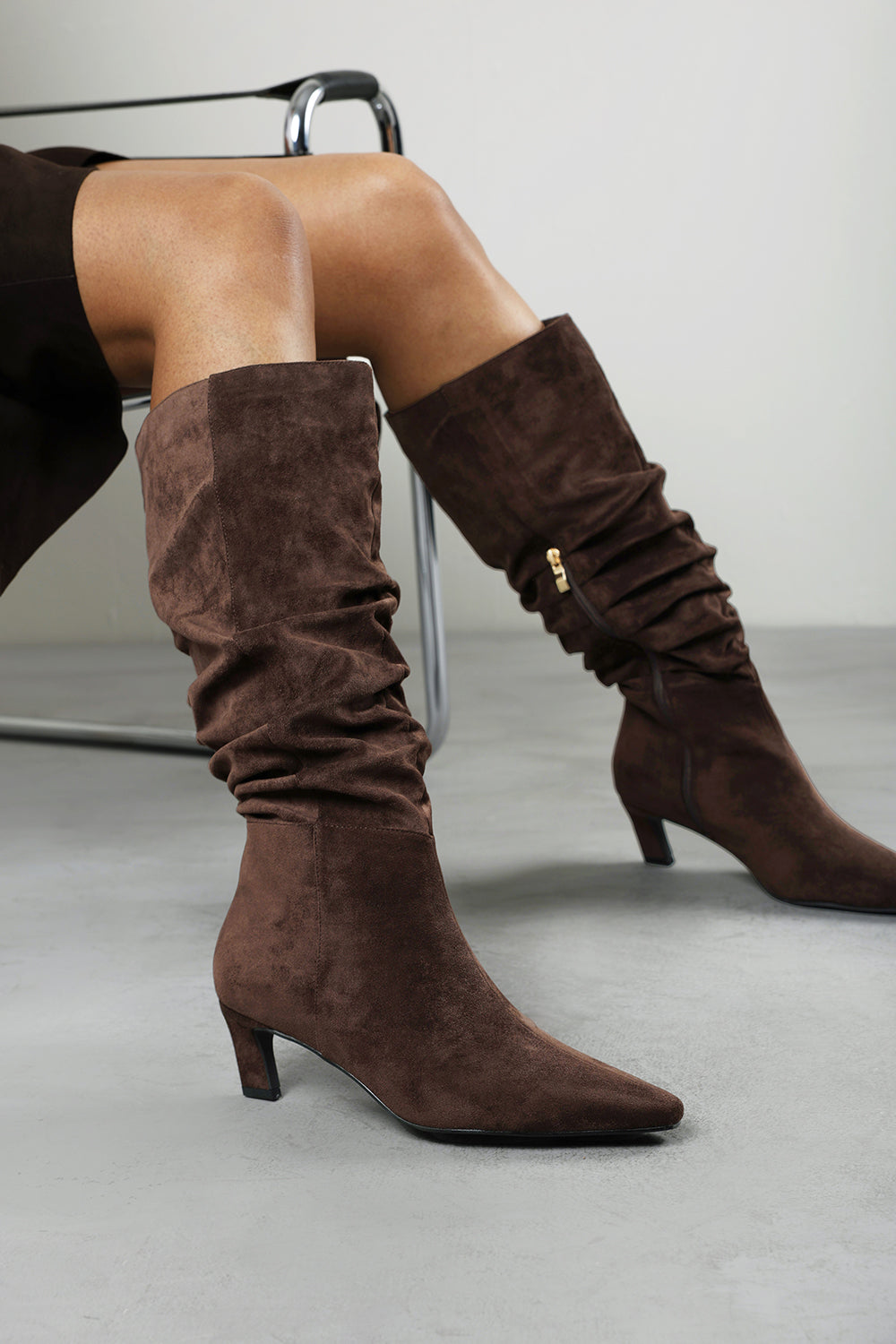 Kensley Ruched Slouch Knee High Snipped Toe Boot in Dark Brown Suede