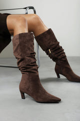 Kensley Ruched Slouch Knee High Snipped Toe Boot in Dark Brown Suede
