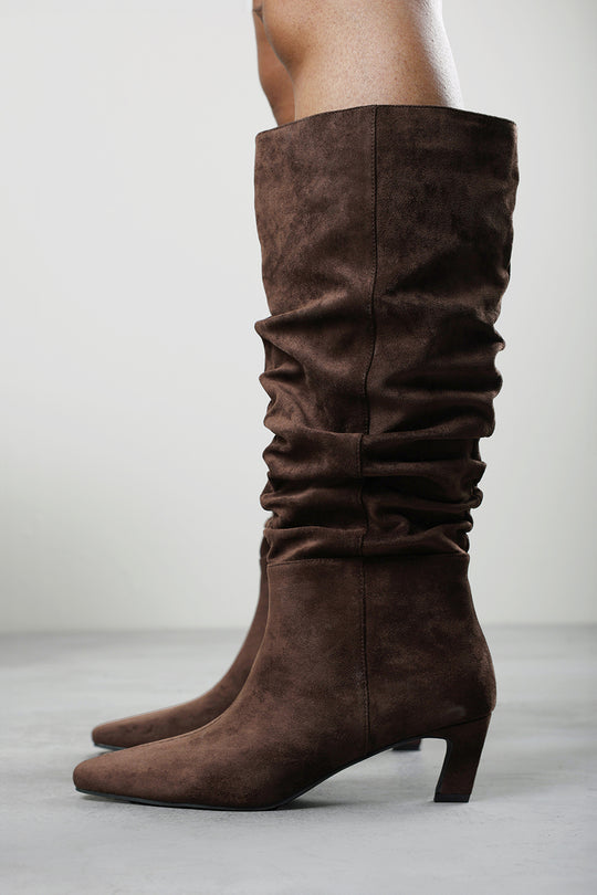 Kensley Ruched Slouch Knee High Snipped Toe Boot in Dark Brown Suede